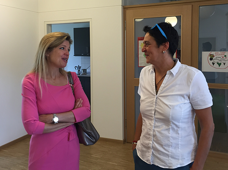 Dr Monika Bayat in conversation with the Managing Director of the Temenos building, Daniela Kuchenbaur
